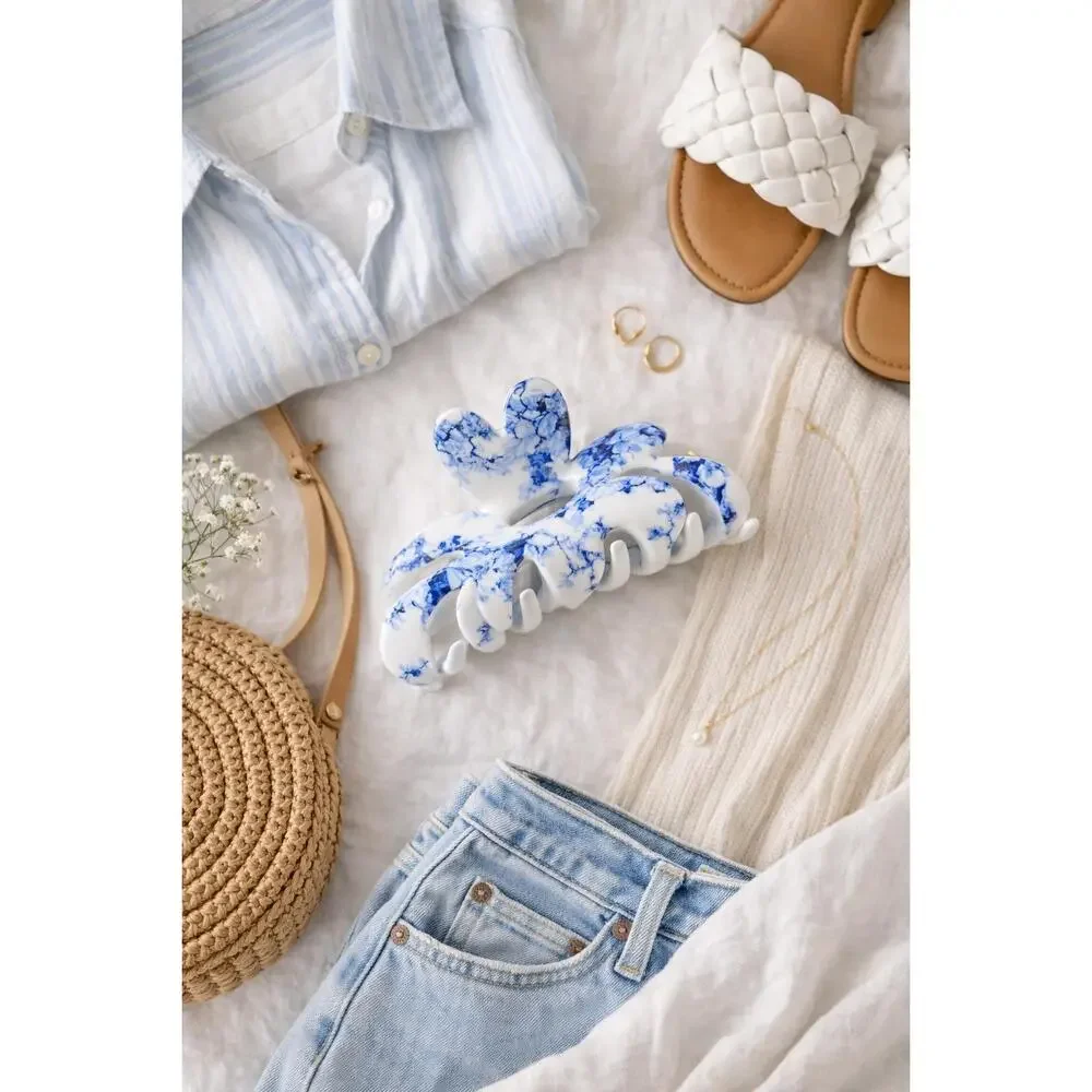 Blue Porcelain Bloom Claw Clip – Coastal Floral Hair Clip Medium Glossy Everyda